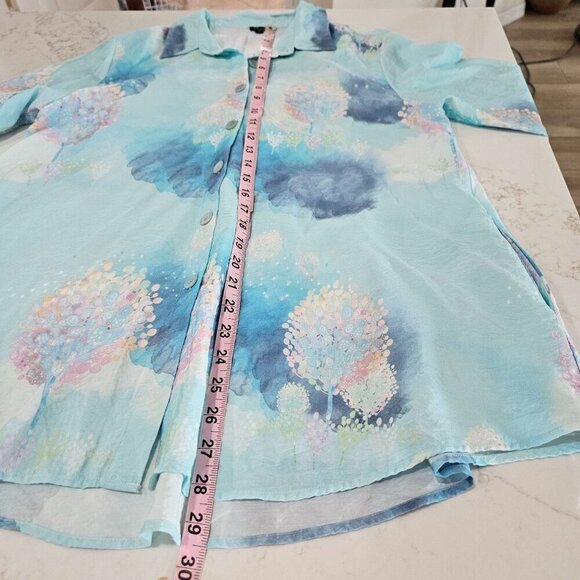 Shana Size Medium Fairy Tale Trees Button Up Aqua Blue Long Sleeve Coastal Shirt - Picture 12 of 12